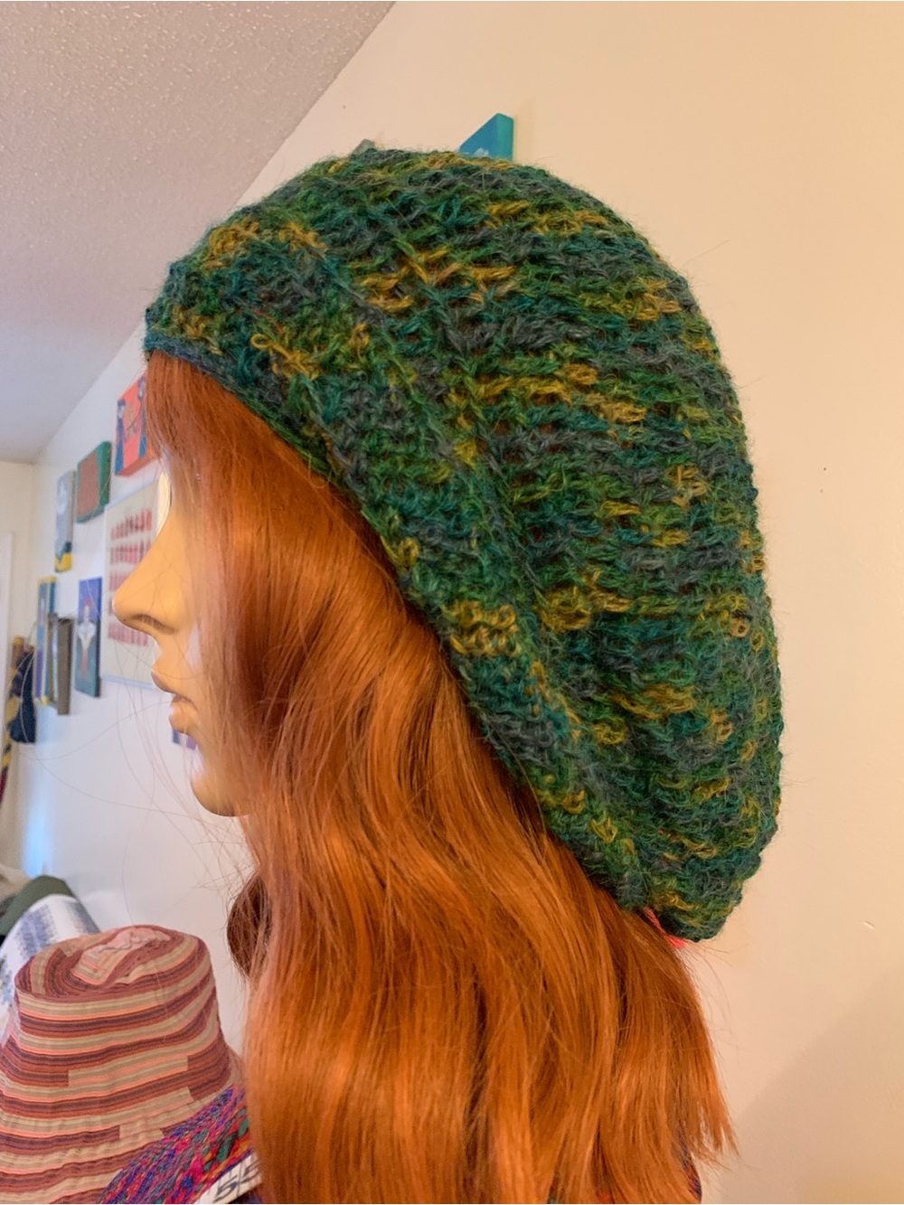 Handknit Lacey Wool Green Multicolor Slouchy Beret - Handmade